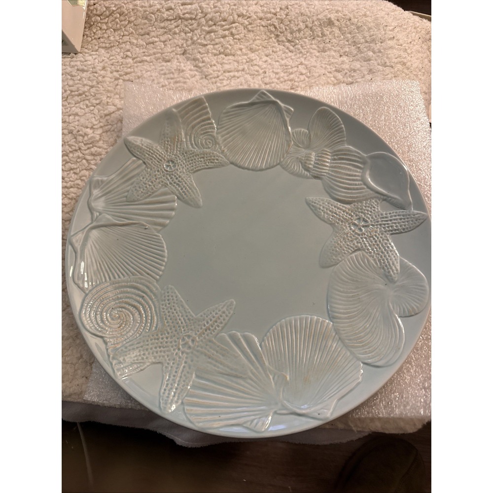 Blue Sky Ceramic Seashell Menagerie 11.5"Dinner Plate, Light Blue